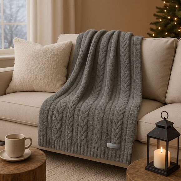 Barefoot Dreams CozyChic Cable Throw Blanket – Carbon (45" x 60") - Picture 1 of 8